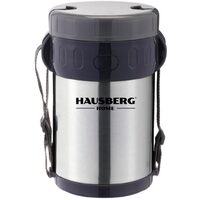 Кутия за обяд Термос Hausberg HB H1461, 2 литра, неръждаема стомана, 3 отделни съда, лъжица, вилица, неръждаема стомана